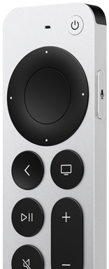 Siri Remote, silver color aluminum casing, slim profile. Front exterior: microphone at top center, power button at top right, circular touch-enabled click-pad, raised control buttons arranged vertically in two columns; back button, pause and play button, mute button, home button and volume up and down button. Top exterior: IR transmitter. Right side: raised Siri button at top, flat exterior rounded corners