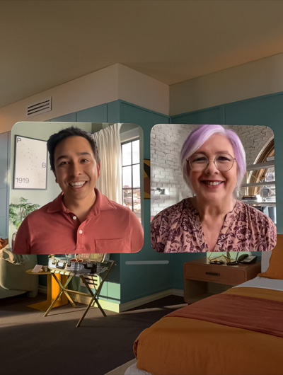 Two FaceTime tiles float side by side in space, each featuring a different person