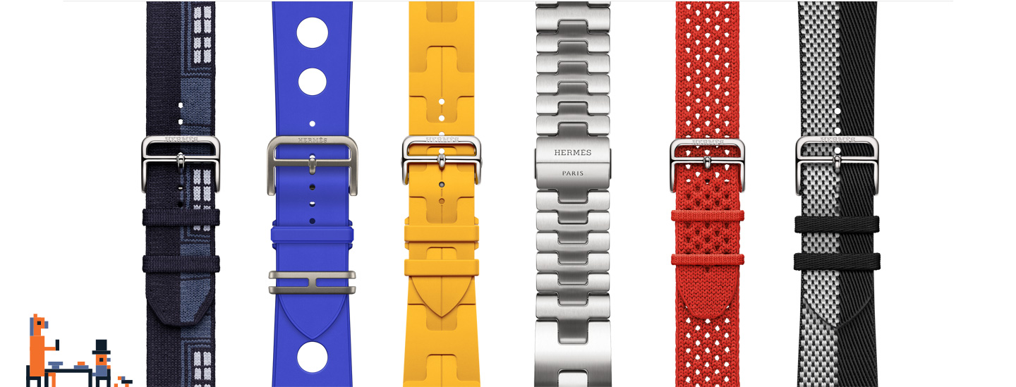Pixel art of a person and horse sitting at a table, available Apple Watch Hermès bands in varying styles and colors
