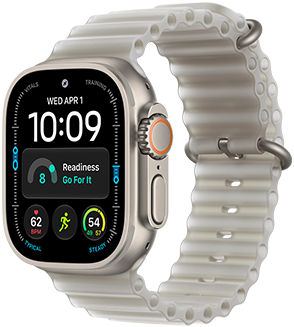Vista lateral direita do Apple Watch Ultra 4 com caixa em titânio natural, mostrador Modular com as complicações de dia e data, Preparação, frequência cardíaca, Treino de corrida, Meteorologia, Digital Crown e botão lateral elevado, Bracelete Ocean cinzento translúcido