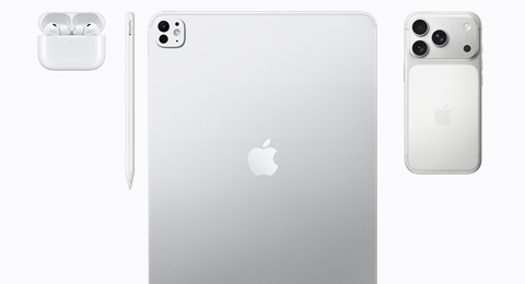 AirPods Pro 3, an Apple Pencil Pro, an iPad Pro in Silver color, and an iPhone 17 Pro in Silver color