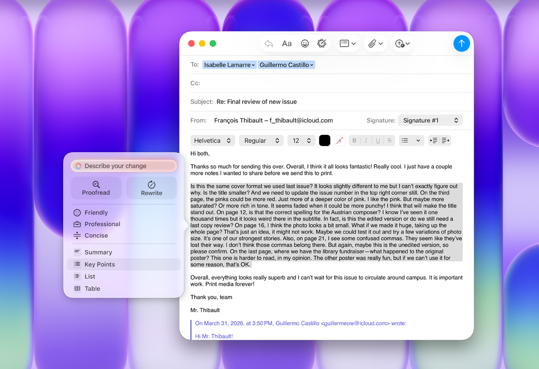 Mail app with Apple&nbsp;Intelligence Writing Tools panel, Key Points option highlighted