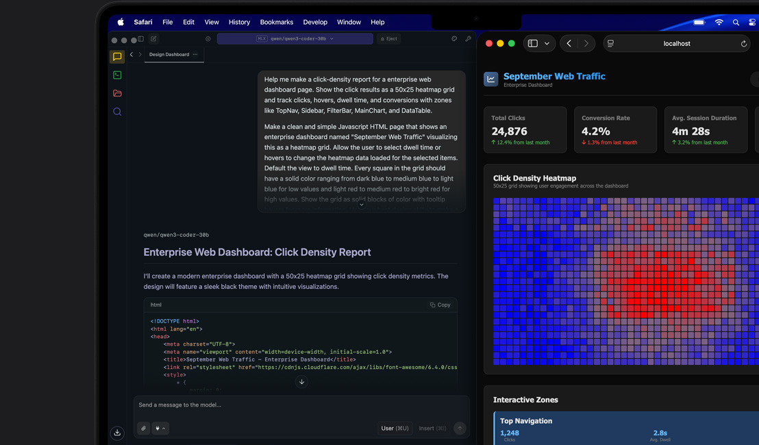 Safari displays an AI&nbsp;coding tool generating code for a web dashboard, alongside the rendered dashboard showing a click-density heat map and traffic metrics
