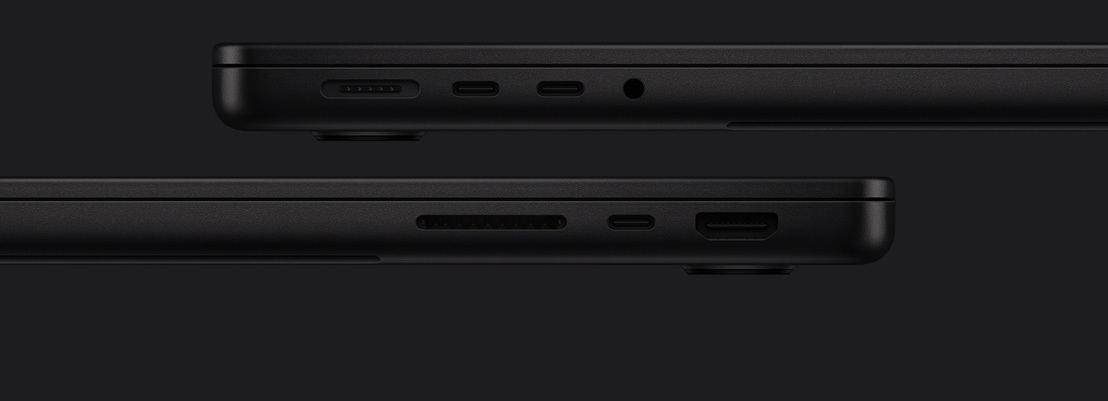 Port MacBook Pro: sisi kiri MagSafe, dua port Thunderbolt, jek headphone, sisi kanan SDXC, port Thunderbolt, HDMI