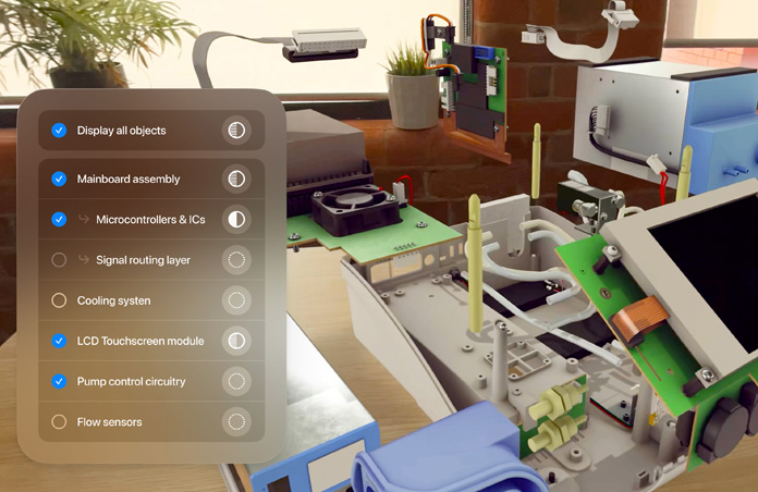 An Augmented Reality view of a large electronic device, with interactive list of components