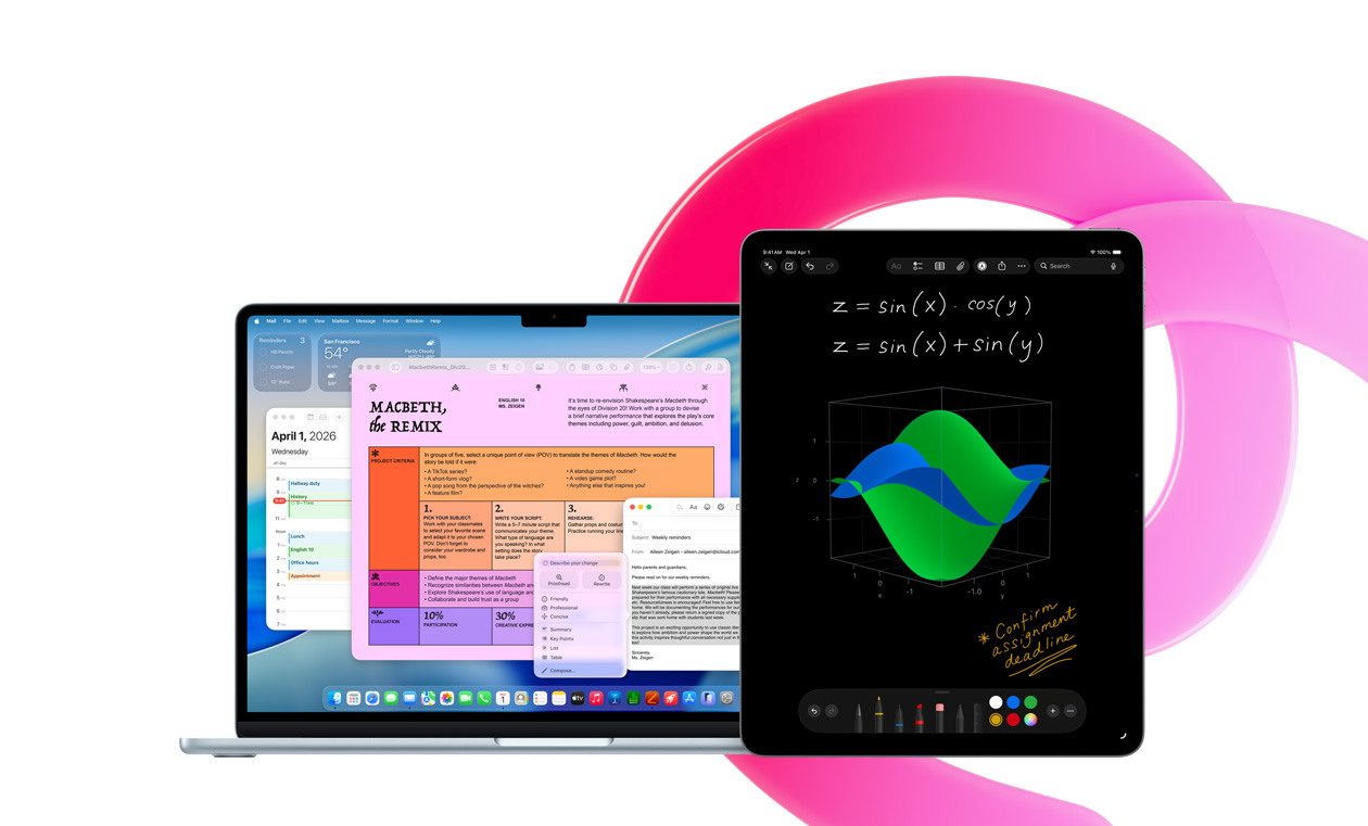 MacBook Air shows Pages, Calendar, Alert, and Mail alongside an iPad that shows handwritten equations in Math Notes, demonstrating productivity with built-in apps