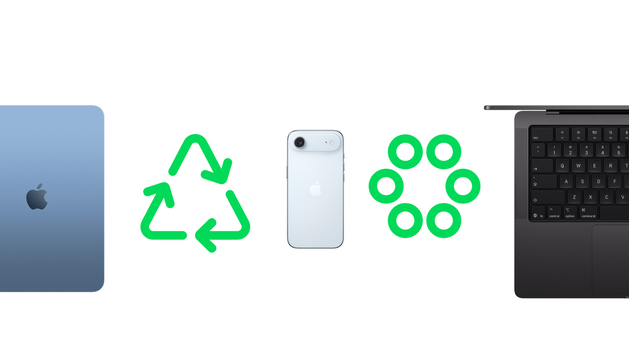 iPad Air back, blue, green recycling icon, iPhone Air back, green circular materials icon, MacBook Pro keyboard, partial view