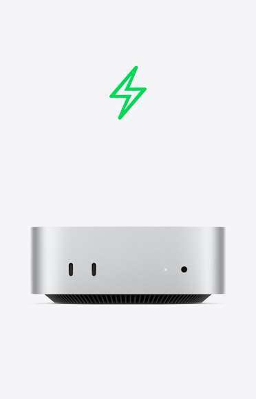 Green lightning bolt icon, Mac mini front, two USB-C ports, status indicator light