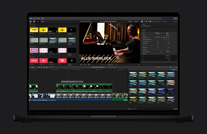MacBook Pro 16, Music video edit showing range of titles and effect available, title reads Allie Sherlock