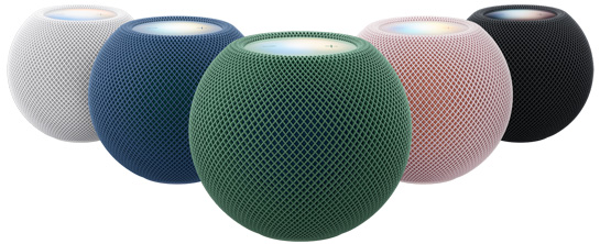 HomePod mini 2, mesh fabric, touch surface on top, available colors, white, blue, green, pink, and midnight