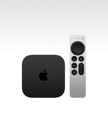 Apple TV 4K, Farbe Schwarz, Oberseite, gezeigt mit Siri Remote, Farbe Silber