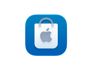 Apple Store app icon, blue color, with a white Apple logo on a shopping bag