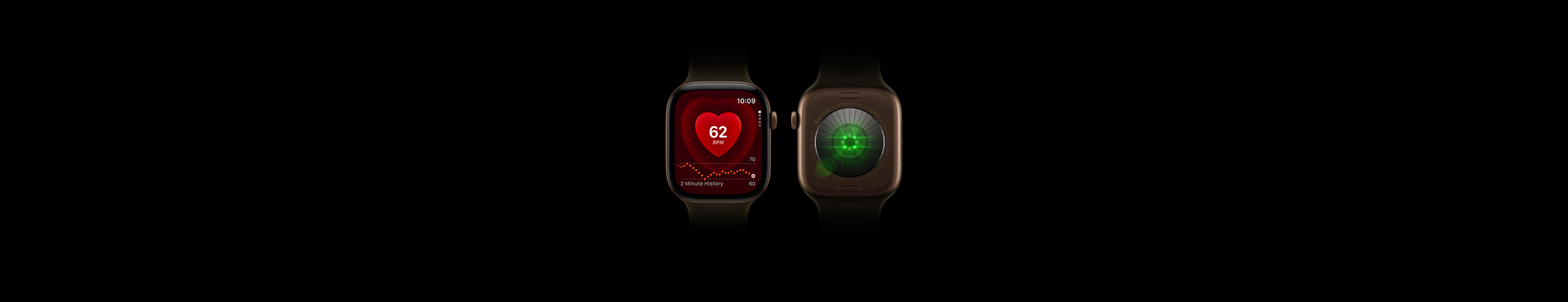 Kaks Apple Watch Series 12 seadet, alumiiniumist korpus, tumeda pronksi värvitoon, oliivi toonis rihm Sport Band, ühel on näha kella esikülg ja pulsimõõtmise rakendus, teisel kella tagakülg, millel on Health Sensing Systemi helendavad rohelised LED-tuled