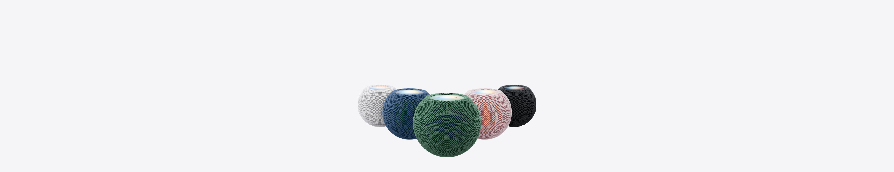 HomePod mini 2, alle fünf Farben: Weiß, Pink, Grün, Blau und Mitternacht