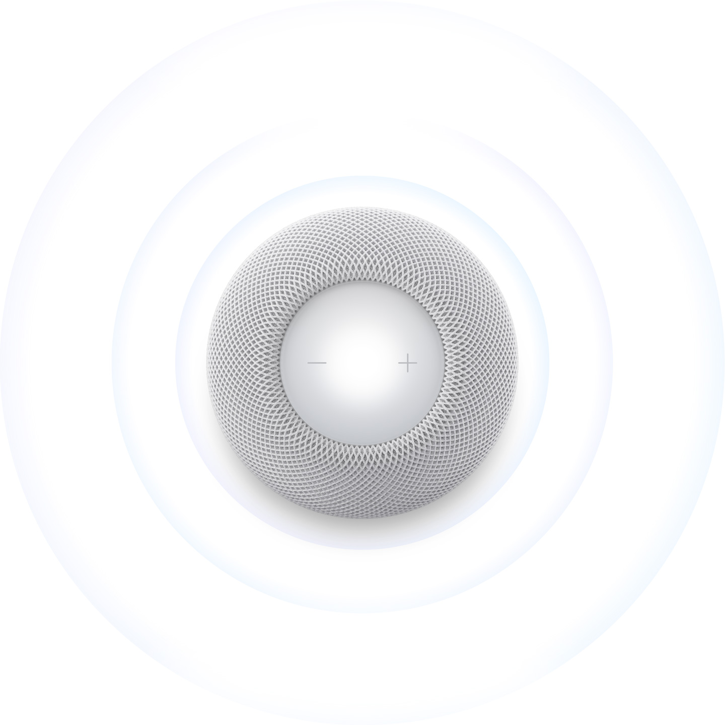 HomePod mini 2, white colour, top exterior, soft blue concentric sound waves radiate outwards from speaker