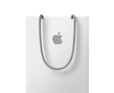 White gift bag, Apple logo centered, gray rope handles