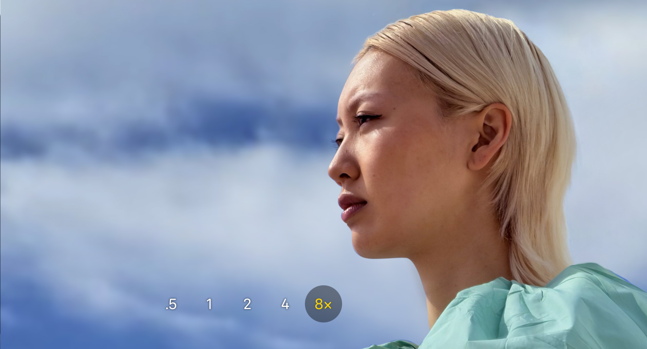 iPhone 17 Pro Camera aplikācija, optiskā tālummaiņa 0,5x, 1x, 2x, 4x un 8x, atlasīts 8x