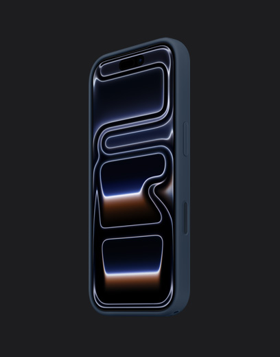 Parte da frente do iPhone 17 Pro azul-intenso com capa de silicone marinho