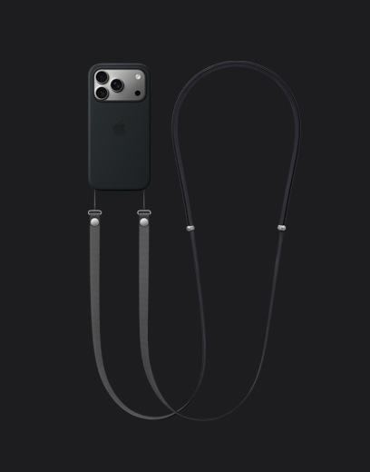 Parte de trás do iPhone 17 Pro prateado com capa preta de silicone com MagSafe e alça transversal cinza-escura
