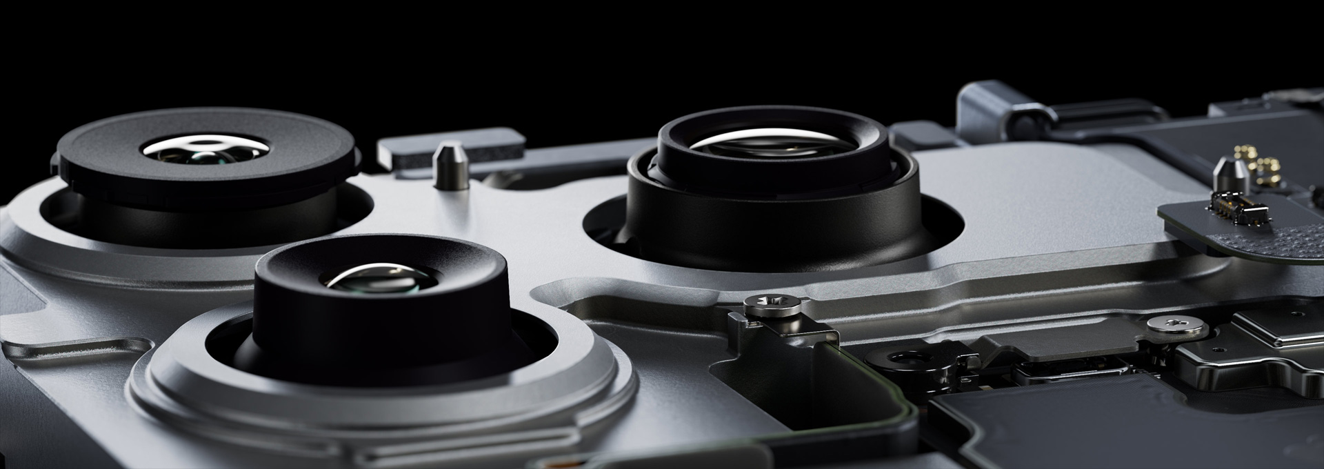 Parte interna do iPhone 17 Pro, sistema de câmera Pro Fusion de 48 MP, câmera Fusion principal de 48 MP, câmera Fusion ultra-angular de 48 MP, câmera Fusion teleobjetiva de 48 MP