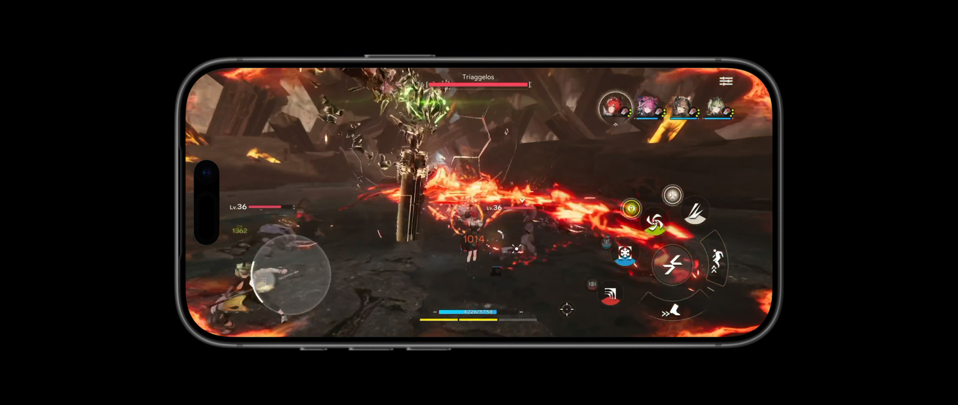 Parte da frente do iPhone 17 Pro demonstrando o desempenho do chip A19 Pro com uma cena do jogo Arknights: Endfield