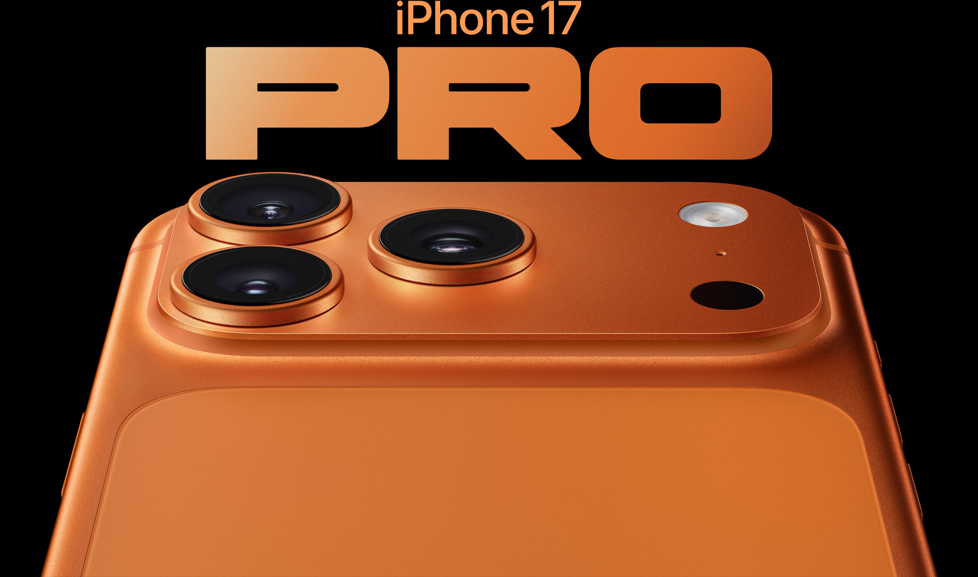 Imagem parcial da parte de trás do iPhone 17 Pro laranja-cósmico, sistema de câmera Pro Fusion no canto superior esquerdo, três lentes, microfone e flash