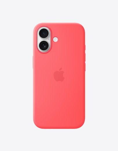 iPhone 17, back exterior with silicone case in Bright Guava, Dual Fusion camera system in top left corner, Apple logo centred