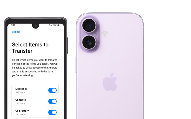 Side-by-side, Android screen showing Move to iOS App, iPhone 17, back exterior, Advanced dual-camera system in top-left corner