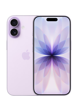 Un iPhone 17 lavanda mostrato da dietro, sistema a doppia fotocamera Fusion in alto a sinistra, logo Apple al centro, e mostrato da davanti, Dynamic Island in alto al centro