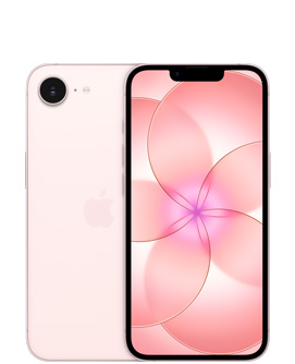 Un iPhone 17e rosa chiaro mostrato da dietro, fotocamera Fusion in alto a sinistra, logo Apple al centro, e mostrato da davanti, design all-screen