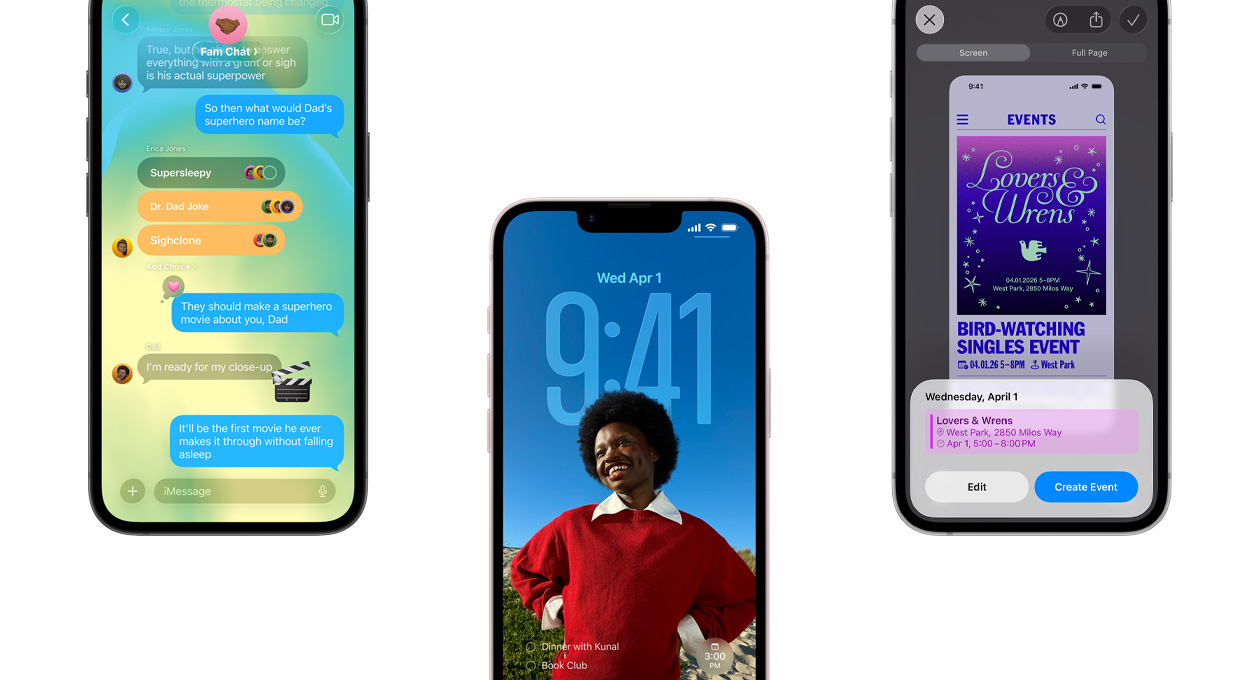 Forsiden af tre iPhone 17e-enheder viser appen Beskeder med Liquid Glass-design, dynamisk låseskærm og en begivenhed i Kalender via skærmbilledefunktionen