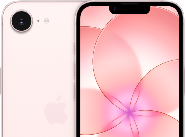 Un iPhone 17e rosa chiaro mostrato di fronte, un iPhone 17e mostrato parzialmente da dietro di cui si nota la fotocamera