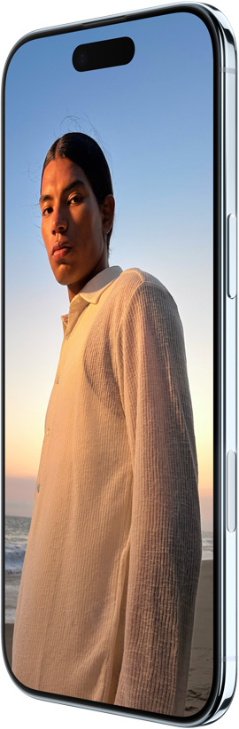 iPhone Air, Vorderseite, Seitenansicht, All‑Screen Design, Dynamic Island oben, Seitentaste, Taste für die Kamerasteuerung
