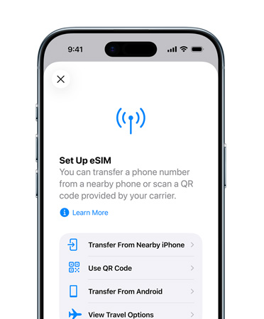 iPhone Airin etupuoli, käytössä Ota käyttöön mobiilidata ‑toiminto, jolla siirretään helposti puhelinnumero eSIM-kortilla