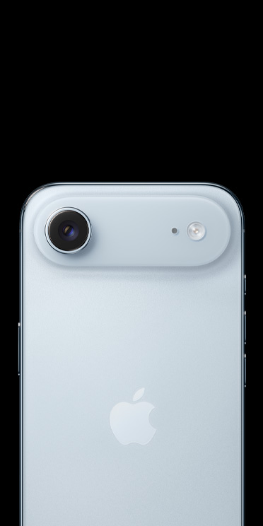 iPhone Air in Sky Blue finish, back exterior showcasing Fusion camera system, 2-in-1 lens, LiDAR, flash and microphone