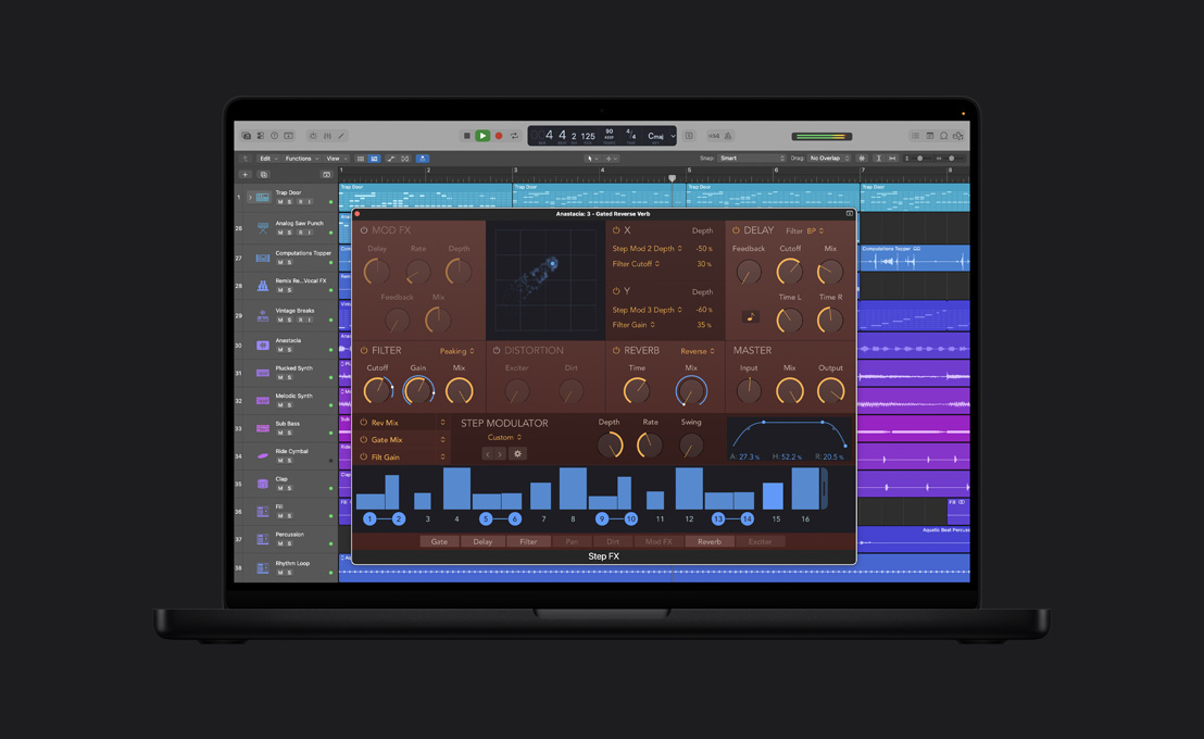 MacBook Pro 16 screen showing Step FX, Anastacia: 3 - Gated Reverse Verb window, mod effects, delay, filter, distortion, reverb, and master dials, blue graph at the bottom
