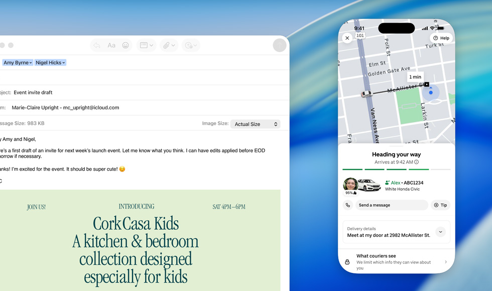 MacBook screen, Mail app open, iPhone screen mirrored on MacBook screen shows Uber Eats arriving