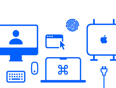 Dispositivi e funzioni Apple, cavo di ricarica, portatile e desktop Mac, tastiera, mouse, display, finestra macOS, Touch ID