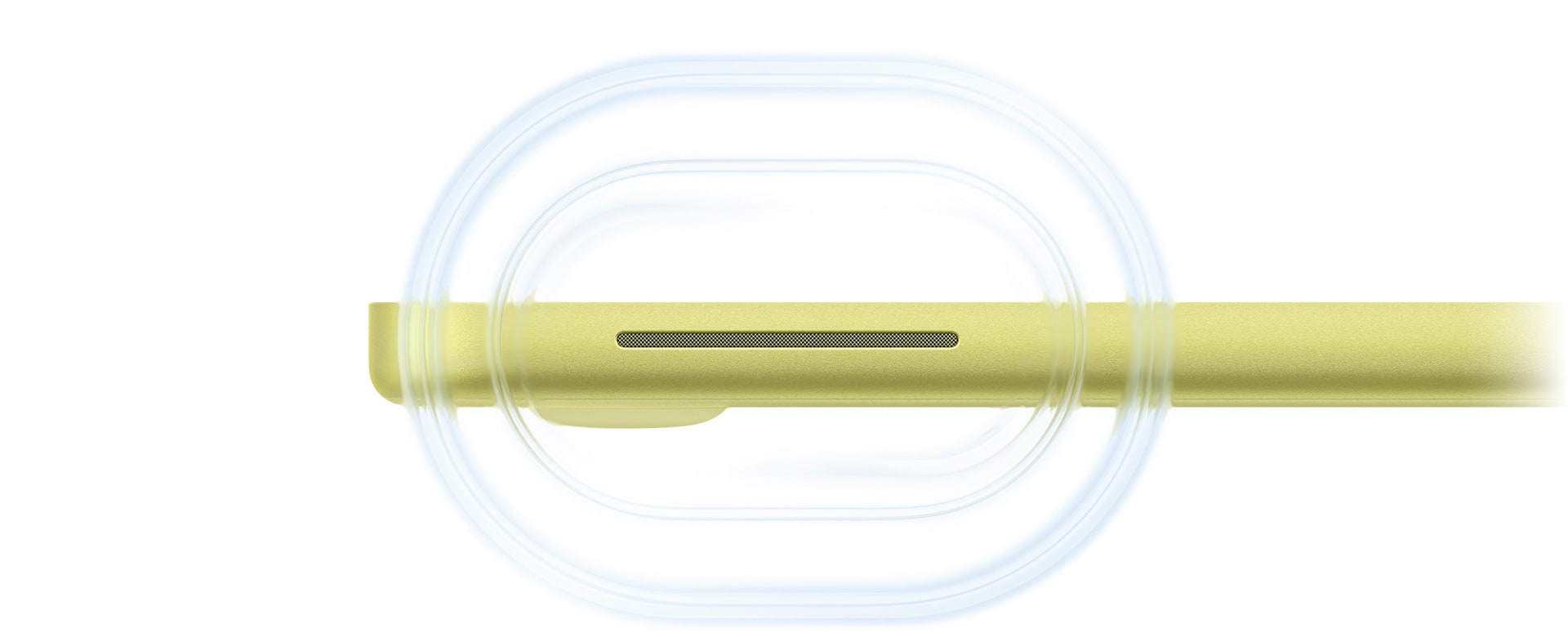 MacBook Neo, toonis tsitrus, on avatud, helilained liiguvad arvuti parempoolsest kõlarist ettepoole