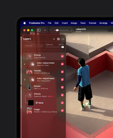 MacBook Pro 16 screen, Photo illustration of man in stylized three-dimensional maze