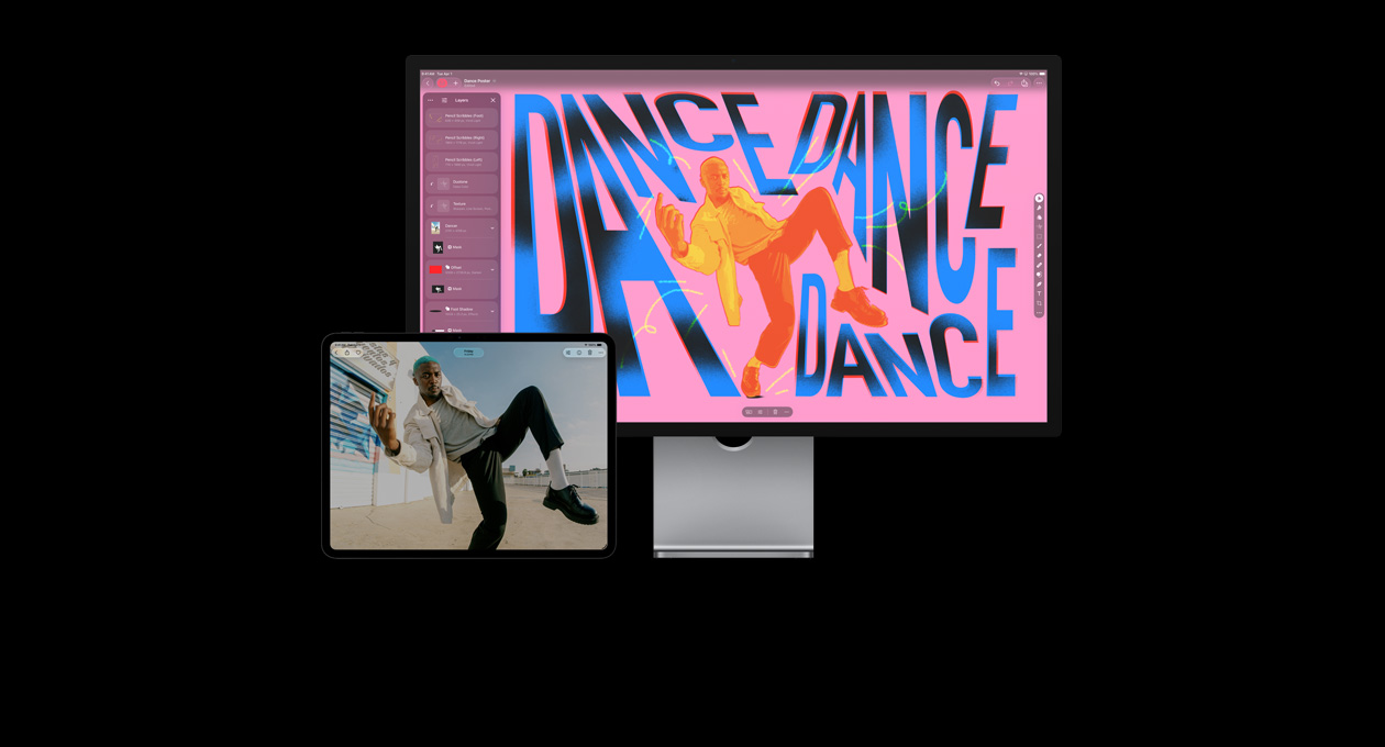 iPad Pro 13 screen, photo of man dancing, iMac screen, same photo of man but retouched to add color and type